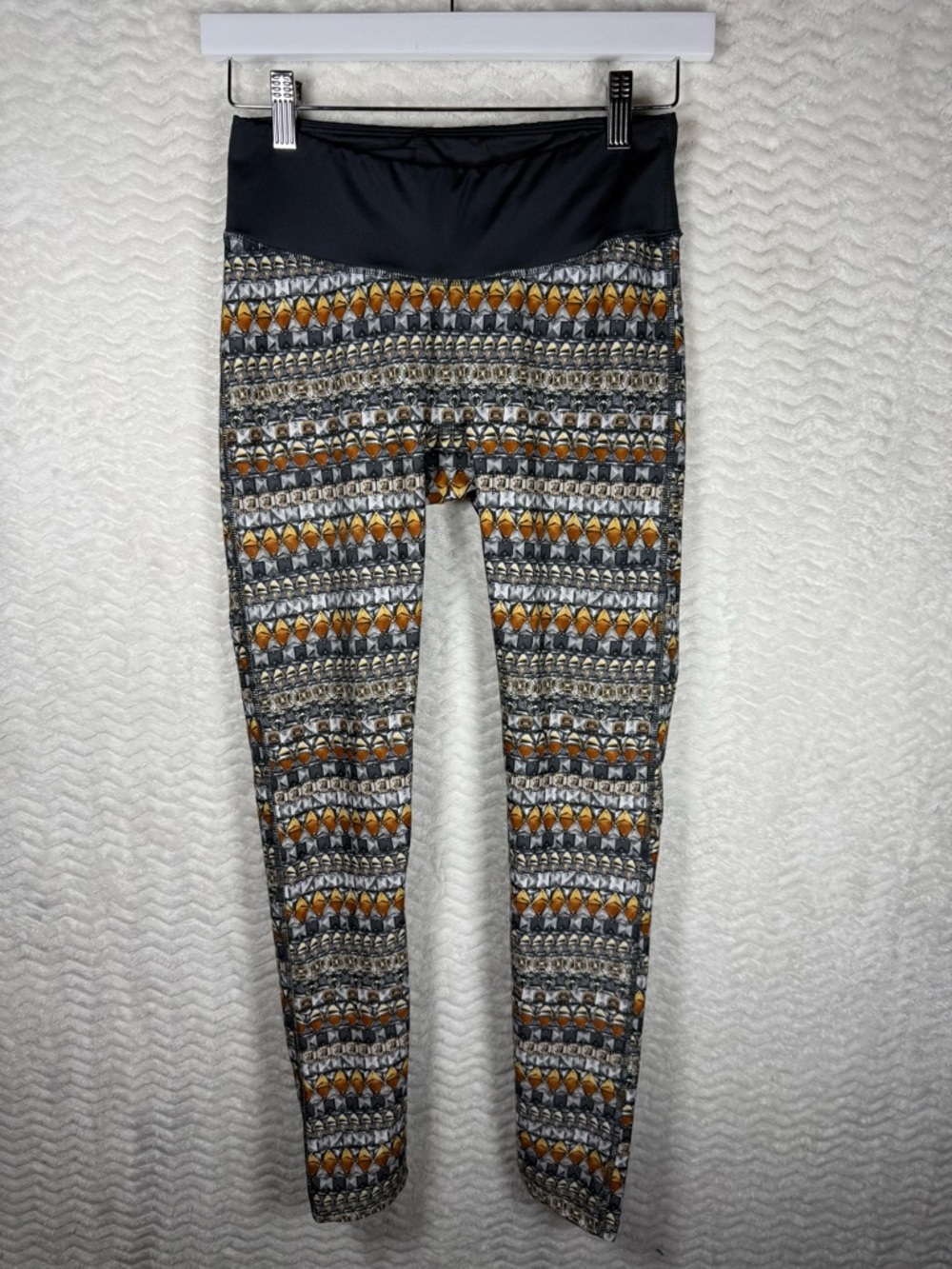 PRISMSPORT Black Waistband Geometric Patterned Leggings with Orange Accents